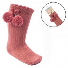 S355-DP: Dusty Pink Knee Length Socks w/Pom Pom (0-24 Months)